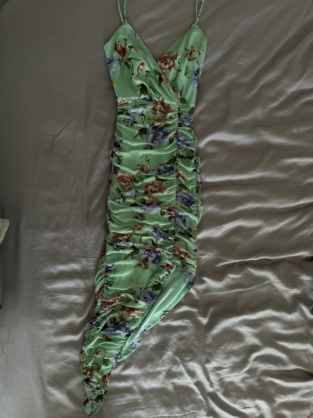 Windsor Light Green Floral V-Neck Ruched Asymmetrical Dress